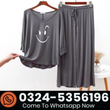 Plain Gray Smiley Face V Neck with Plazzo Pajama Full Sleeves Suit In Pakistan